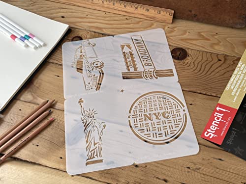 NYC Stencil 4 Pack 8.5" x 11" New York City Landmark Painting | Reusable Mylar DIY Designs for Walls Furniture Canvas Bags Shirts Arts Crafts Taxis Statue of Libery Broadway