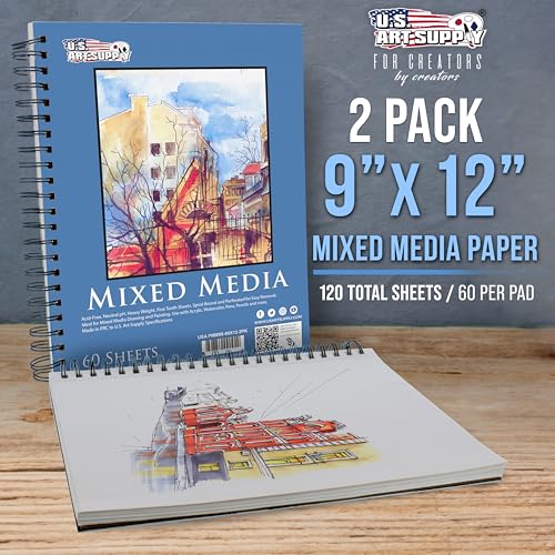 U.S. Art Supply 9"x12" Mixed Media Sketchbook, 2 Pack (60 Sheets) - size: 9-x-12-inch