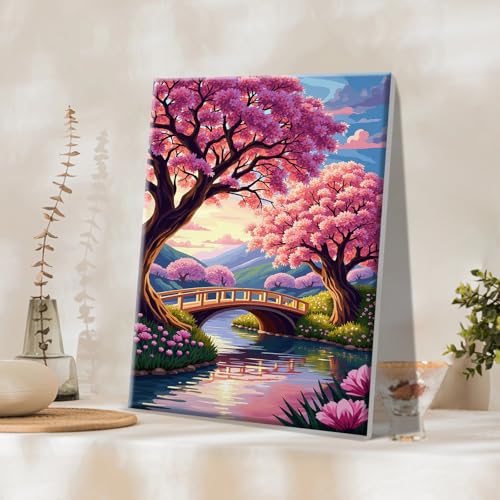 JOOZ 5D Landscape Paint by Numbers Kit for Adults with Frame, 8x12 Inch - color: Cherry Blossom 065