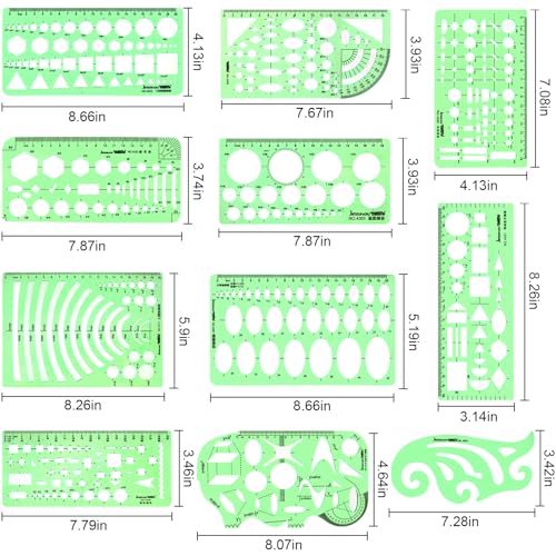 11PCS Geometric Drawings Templates, Drafting Stencils Measuring Tools, Transparent Green Plastic Ruler, for Architecture, Office, Studying, Designing