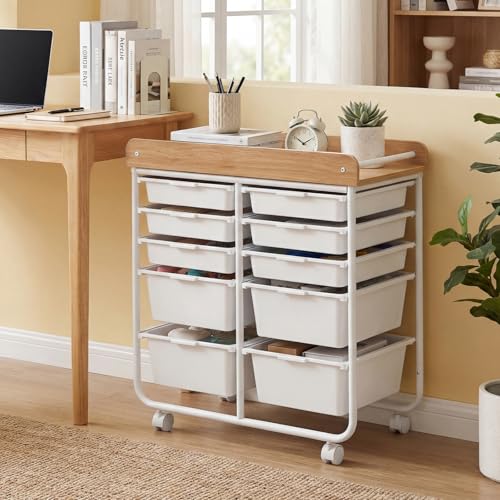 BECOMFORT 10-Drawers Rolling Utility Cart, Storage Cart on Wheels, Teacher Classroom Organizers with Wooden Tabletop & Lockable Wheels, Mobile Trolley Craft Cart for Art Paper Tools School Office - color: White, size: 10 Drawers (4 Big +6 Small)