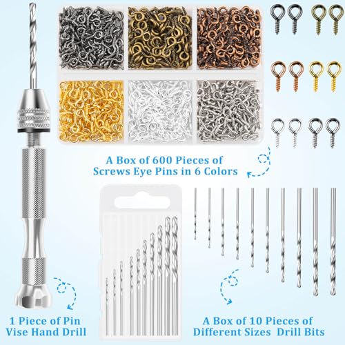 Pin Vise Hand Drill Set, Manual Hand Drill with 600PCS Small Screw Eye Hooks and 10 Different Sizes Drill Bits for Keychain, Jewelry Making and Crafts - color: 6 Colors
