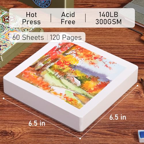 FLUNBRATO Watercolor Paper Pad, 60 Sheets, 6.5 x 6.5 in, Hot Press 100% Cotton, 140LB/300GSM Acid-Free Square Art Pad, Two-Edge Glued, for Gouache, Ink and Mixed Media - size: 6.5 x 6.5 in