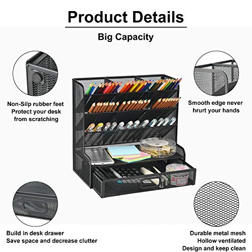 Marbrasse Mesh Pen Holder for Desk, Multi-Functional Pencil Organizer with Drawer, Desk Organizers and Accessories for Office Art Supplies (Large Black) - color: Balck Mesh Pen Holder with Drawer