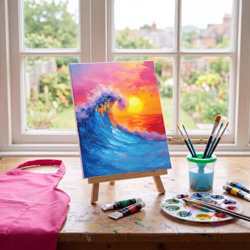 Cholemy 8 Set Paint and Sip Kit for Adults 8'' x 10'' Pre Drawn Canvas with Wooden Easels Acrylic Paint Brushes Wash Cup Palette Apron for Painting DIY Date Night Party Supplies(Sea Wave) - style: Sea Wave