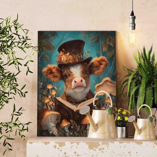 Cow Reading a Book DIY Paint by Numbers for Adults and Kids Animals and Mushrooms Paint by Number Kit on Canvas for Beginners Easy Acrylic Paint DIY Home Wall Decoration Gifts 16"x20" (Frameless) - color: Hat Animal-15, size: 16''x20''(Frameless)