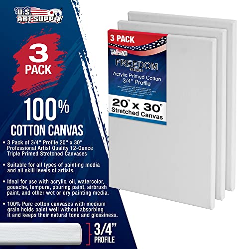 U.S. Art Supply 20 x 30 inch Stretched Canvas 12-Ounce Triple Primed, 3-Pack - Professional Artist Quality White Blank 3/4" Profile, 100% Cotton, Heavy-Weight Gesso - Acrylic Pouring, Oil Painting - size: 20" x 30"