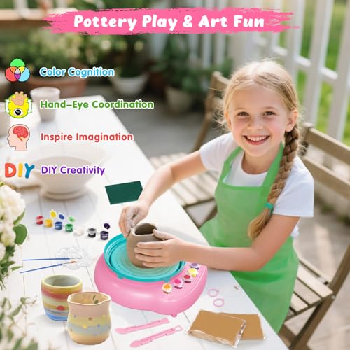 Pottery Wheel for Kids with Air Dry Clay Kit, 12 Paints & Tools, Ages 6-12 | No kiln needed: shape on the electric wheel, air-dry & paint. Gentle beginner speed; kit adds 3 clay packs, tools & apron - color: pink/cyan