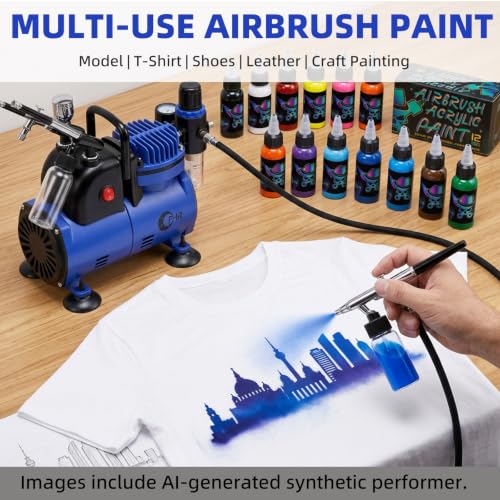 1/5HP Airbrush Kit with Compressor, Dual Air Brush Set with Paints | 12 Acrylic Paint Colors, 6 Siphon Bottles, Cleaning Tools and Mixing Wheel for Art, Craft, Model, Auto and T-Shirt Painting