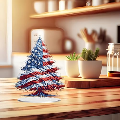 DIY Tabletop Diamond Art Kit for Adult – Gem Painting Art Desktop Ornament with Special Shaped Rhinestones, Acrylic Stand-Up Gem Craft for Home Décor & Gift Idea (4Th of July-Tree) - color: 4Th of July-Tree