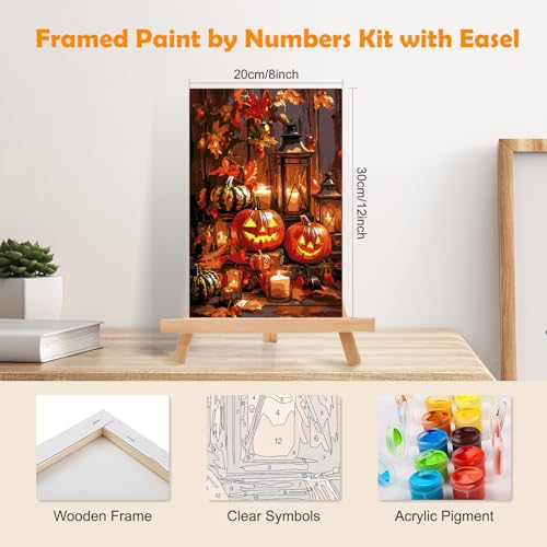 MOGTAA Halloween Paint by Numbers Kit for Adults Beginners with Frame, Fall Pumpkin Adult Paint by Number Kits on Canvas with Easel, Easy DIY Oil Painting Kits for Home Decor, 8x12in - color: Halloween Pumpkin2
