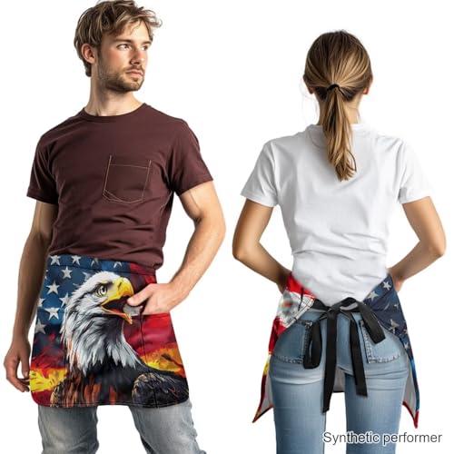 Waist Apron with 3 Pockets Waterproof 13 Inch Short Half Waist Aprons Women Men Server Aprons Waitress Waiter Apron - color: American Flag Eagle