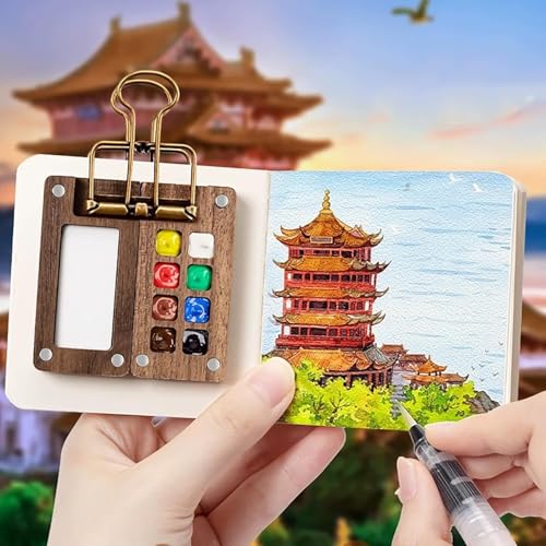 mini watercolor set,travel watercolor set,nano palette,with 12 Color Paints,Wooden Grid Paint Box for Painters Artists Students