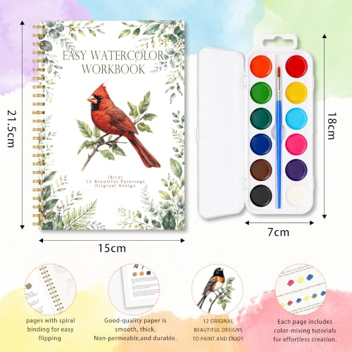 North American Bird Watercolor Workbook for Beginner, Watercolor Painting Book with 12 Different Pretty Bird Designs Include Cardinal Robin Song Birds, Water Coloring Book Set with Palette and Brush - color: Birds