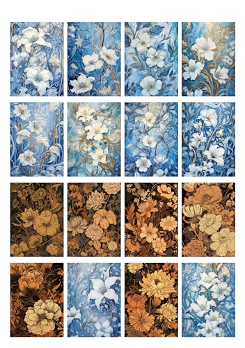Decoupage Paper Pack (35 Sheets 6"x8") Beautiful Blue and Orange Illustrations of Pretty Fowers FLONZ Vintage Illustration Pictures Cards for Decoupage, Craft and Scrapbooking - color: Ten
