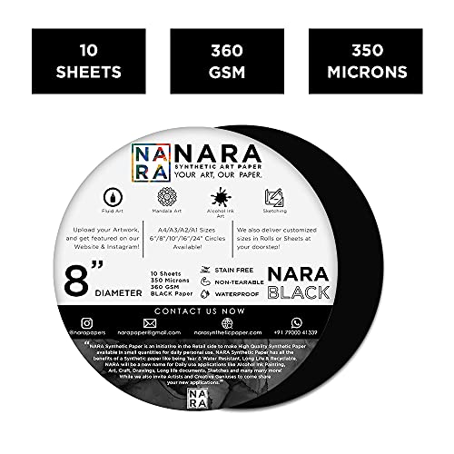 NARA Alcohol Ink Paper | Black | 8” Diameter Circle | 350 microns/360 GSM | 10 Sheets | Medium+ Paper | Paper for Alcohol Ink Art Painting | 100% Stain-Free - color: Black_Circle_Paper Sheets_05
