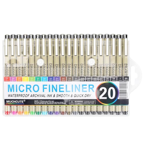 Muchcute Micro Fineliner Drawing Art Pens: 20 Set (12 Colors 01 & 8 Black) - color: 20 Set (12Colors01+8Black)