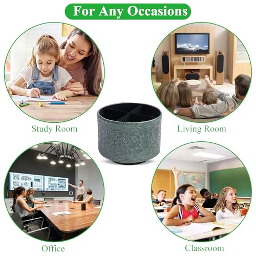 Round Leather Art Supply Organizer,Remote Control Holder,360 Degree Spinning,Multi-Functional Pencil Holder,4 Compartments Desktop Stationary Organizer(1-Carved Metal Green1) - color: 1-Carved Metal Green1