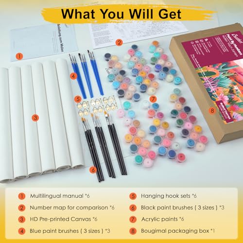 Bougimal 6 Pack Paint by Numbers Kit for Adults Beginners, 11" W x 14" L Simple Flowers DIY Acrylic Paint Set on Canvas Without Frame in Box, Adults Kids Paint by Numbers Kits for Home Wall Decor - color: Flower, size: 11" W x 14"L