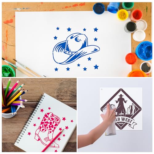 Keluna Western Cowboy Cowgirl Painting Stencils - 20 Reusable Stencils for Wood Burning, Landscape Cactus Western Scenes - style: western cowboy