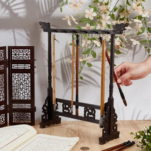 PH PandaHall 12-Pin Wood Calligrapghy Brush Holder Chinese Brushes Hanger Japanes Calligraphy Pen Stand Rack Carving Sumi Brush Stand Painting Brushes Rack for Writing Students Beginners Professional - size: 12-Pin
