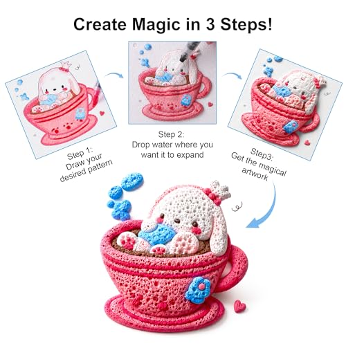 RuiHawk 3D Magic Foam Texture Painting Kit, 75 Pcs Puff Paint Art Supplies for Kids with 24 Auto-Flow Markers, 38 Texture Sheets & 10 Bead Necklace, Non-Toxic Creative Arts Crafts for Kids Ages 4-16