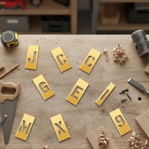 SHENLIU 45 Pcs 2 Inch Brass Stencils Letters and Numbers Set | Reusable Interlocking Letter Metal Stencils Curb Painting Kit with Symbol for Labeling Tools Equipment Boxes Signs DIY Craft