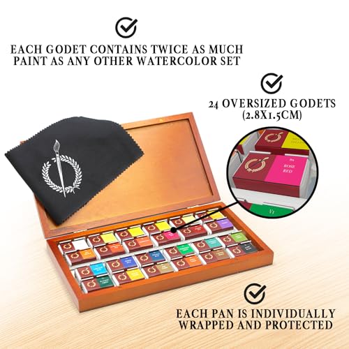 Pinturale Arts Watercolor Set Professional | 24 Richly Pigmented Colors (XL Pans) in Wooden Box | Artist Grade Watercolor Professional Paint Set