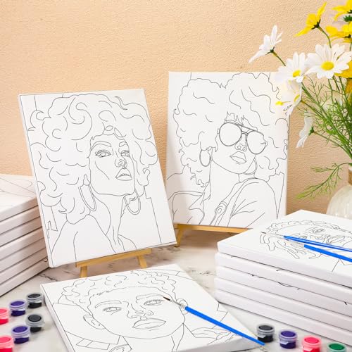 Sherr 20 Pcs Stretched Pre Drawn Canvas African American Canvas to Paint Afro Queen Black Art for Painting for Adults Outline Pre Drawn Stretched Cotton Art to Paint Party Set, 8 x 10 - style: Cool