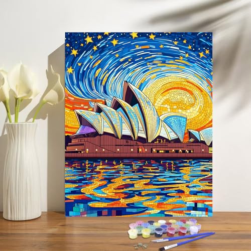 Sydney Opera House Paint by Numbers Kit for Adults Beginner Starry Night Oil Painting Kit Adult Paint by Number Kits on Canvas DIY Painting for Beginners Art by Numbers for Gifts Wall Decor 16x20 Inch - color: YF023