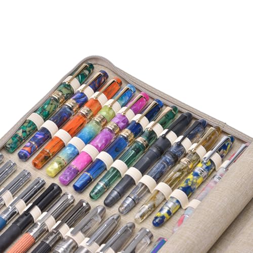 erofa 48 Slots Fountain Pen Case, Beige Water Resistant Canvas Pen Holder Display Pouch Storage Large Capacity Bag - color: Beige-Canvas