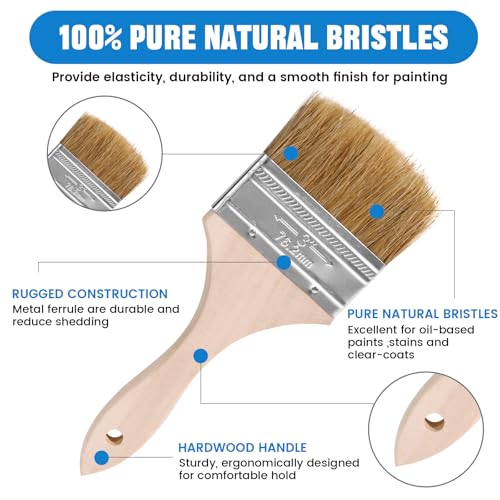 ETERNA 4Pack Household Chip Paint Brush 3inch Natural Bristles Wooden Handle Flat Brushes Set for Painting, Glue, Oil, Acrylic, Stain - color: 4 Pack- 3"
