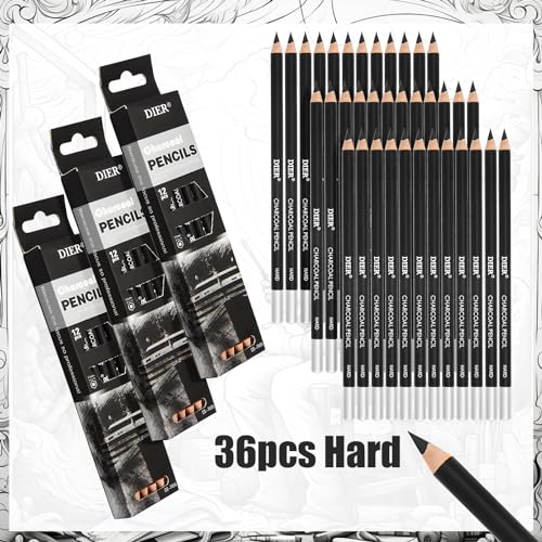 Geyoga 36 Pcs Professional Charcoal Pencils Soft, Medium and Hard for Drawing Charcoal Pencils for Sketching Shading Drawing Blending Portrait(Black, Hard) - style: Hard