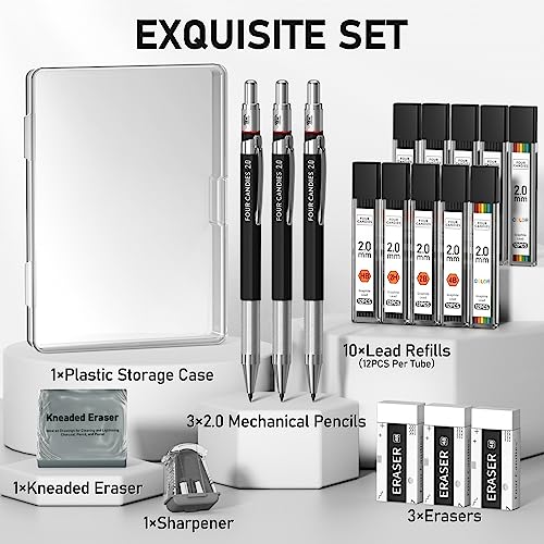 Four Candies 19 Pack 2mm Mechanical Pencil Set with Case, 120 Lead Refills | HB 2H 2B 4B Color graphite, with eraser, sharpener, leather case, for school writing, sketching, art drawing & drafting - size: 19 Piece Set