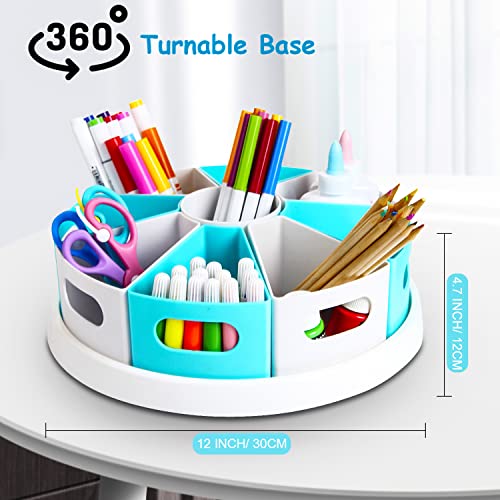 MeCids 360°Rotating Desk Organizers Homeschool Office Organization and Storage Art Supplies Organizers– 12" Lazy Susan Style Caddy with Removable Bins, for Home Offices, School Supplies Classroom Use - color: White,blue