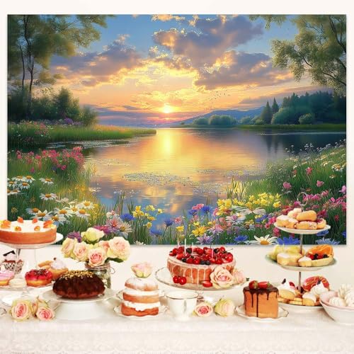 9X6ft Lake Natural Scenery Backdrop Spring Natural Scenery Flowers Landscape Mountain Forest Trees Flower Blue Sky Photography Background Picnic Camping Hiking Spring Travel Vacation Backdrop - color: Green, size: 9X6FT