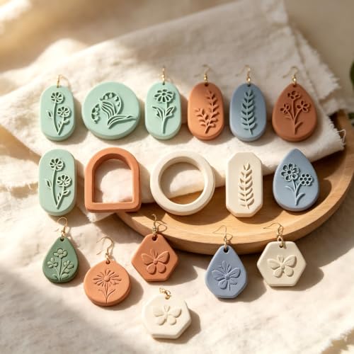 17Pcs Wildflowers Polymer Clay Cutters Boho Clay Earrings Cutters | Wild Grasses Leaves Polymer Jewelry Cutter for Earrings Making Birthday Party DIY Supplies