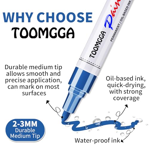TOOMGGA 12 Blue Paint Pens Permanent Paint Markers, Oil Based Medium Tip | Marking Pens, Quick Drying, Waterproof, Fade-resistant, for Rock Painting, Car Tyre, Metal, Plastic, Canvas, Wood, Glass - color: Blue