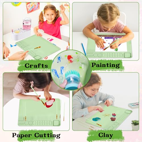 Painting Station Paint Brush Cleaner 20"X16" Silicone Paintings Mat with Cup and Paint Holder 10 Paintings Brushes Children's Painting Set Art Supplies for Kids Back to School Gifts DIY Crafts (Green) - color: Green