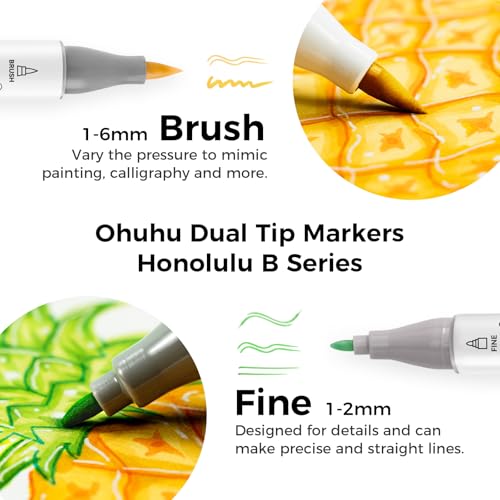 Ohuhu Alcohol Markers Brush& Fine 24 Colors for Adult Coloring AP Certified - style: Brush & Fine