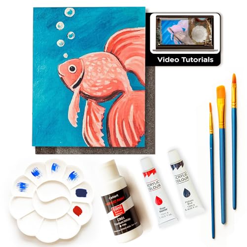 Painting4Real DIY Painting Class Kits for Adults with Video Tutorials, Learn to Paint Pink Fish, How to Paint with Acrylic Paint Sets for Adult, 9 Peices Art Set & Painting Supplies Gifts for Mom - color: Pink Fish