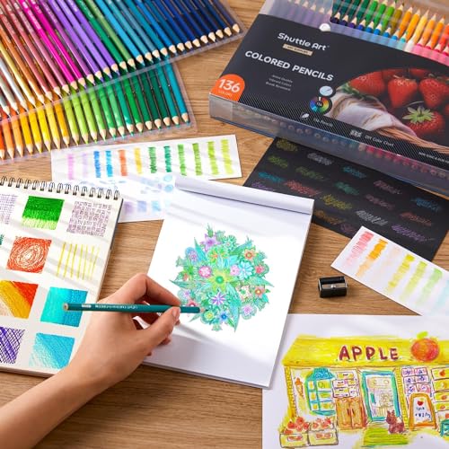 Shuttle Art 136 Color Pencils for Adult Coloring Book, Soft Core Colored Pencils Set for Doodling, Sketching, Drawing, Art Supplies - color: 136 colour