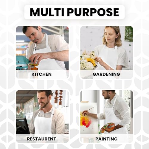 Adjustable Bib Apron 100% Polyester Kitchen Aprons Waterdrop Resistant Aprons with Adjustable Strap, Pockets & Long Ties - color: White, style: Pack of 12