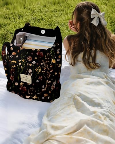 Miss Adola Corduroy Tote Bag for Women with Aesthetic Design | Magnetic Buckle & Pocket, Reusable, Soft, Roomy, Long Shoulder Handles, Double-sided Print, Casual Daily Work, Grocery Bags - color: Black Grow Flower
