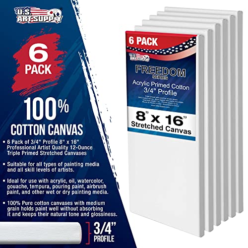 U.S. Art Supply 8 x 16 inch Stretched Canvas for Painting, 12oz Triple Primed, 6-Pack - Professional Artist Quality White Blank 3/4" Profile, 100% Cotton, Heavy-Weight Gesso - Acrylic Pouring, Oil - size: 8" x 16"