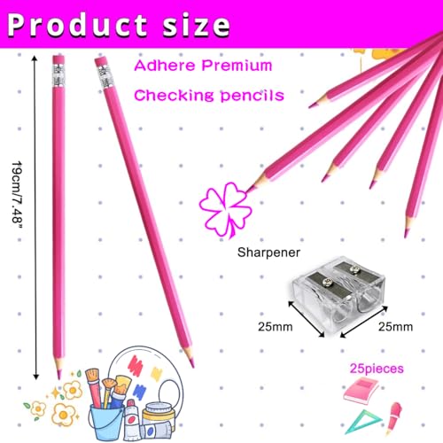 Adhere 25pcs Checking Pencils Erasable colored Pencils Pre-Sharpened #2 HB,for Checking Tests Grading,Map Coloring, editing Office Favors,including a Free sharpener. (Pink) - color: Pink
