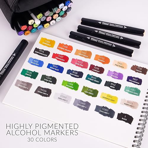W.A. Portman A4 Bleedproof Marker Paper Sketchbook & 30-Piece Dual-Tipped Chisel & Fine Point Alcohol Markers - 60 Sheets of 157 GSM Paper - Alcohol Marker Set