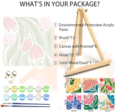 Canrichshop 6P Flowers Paint by Numbers Kit for Adults & Kids Ages 4+ Framed-with Wooden Easel,Easy DIY Flower Oil Painting on Canvas,Acrylic Paint by Number Beginner with Frame for Decor 8x8inch - color: BKH2439~BKH2444