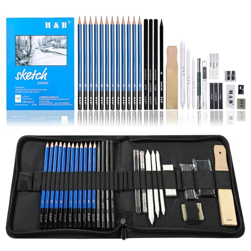 H & B 33 Pieces Drawing Pencils Set, Sketching Pencils Set & Drawing Kit, Includes Sketch Pad, Graphite Pencils, Charcoal Sticks and Eraser, Supplies for Artists/Beginner/Adults - size: 33 Piece Set