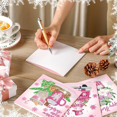 Saillong 12 Pack Pink Winter Diamond Painting Greeting Card Kits Winter Diamond Art Cards with Envelopes Snowman 5D Rhinestones Painting Making Kits for Adults DIY Craft Family Friend Holiday Gifts - color: Pink Winter